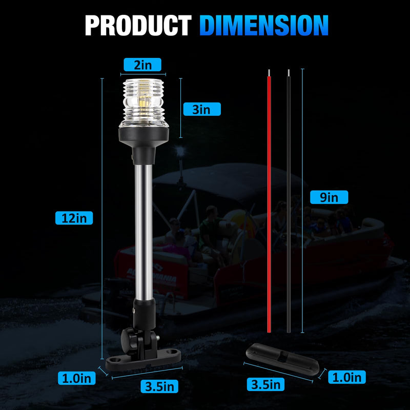 12 Inch Stern Light Bimini Top Anchor Light, LED Pontoon Navigation Lights Waterproof IP67, 3 NM Visibility White Fold Down Rear Boat Lights for Jon Boat, Small Boats, Fishing Boats (12~24V) 12 Inches