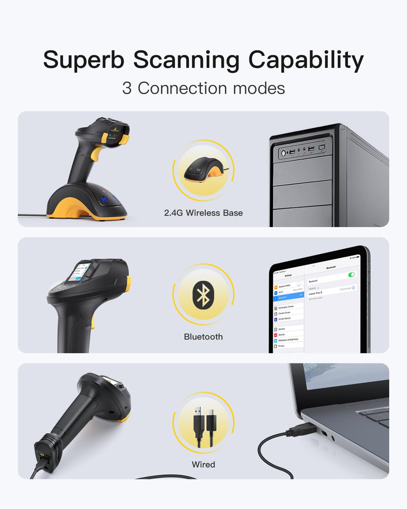 Inateck Bluetooth Barcode Scanner, 2D 1D Wireless Handheld Scanner, QR Code Scanner, Equipped with a Smart Base, CMOS+CCD Dual modules, Larger scanning Range, Supports app SDK