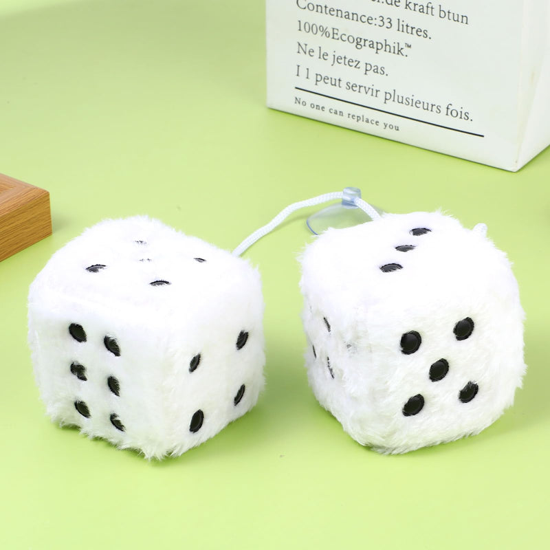 Fuzzy Plush Dice for Car Mirror 2.36” Pair of Retro Square Decoration Dice with White Dots Car Interior Hanging Ornament Decoration(White)