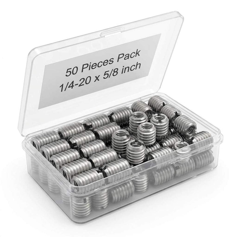 QWORK Stainless Steel Threaded Insert for Hard-Wood, 1/4-20 Internal Threads 50 Pack 5/8" Long Nut Inserts for Hardwoods, Softwoods, Plywood and Composites 1/4"-20
