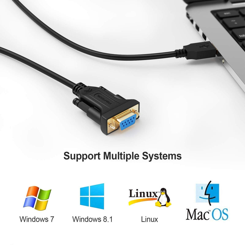 CableCreation USB to RS232 Serial Adapter (FTDI Chip), 6.6 Feet USB to DB9 Female Converter Cable for Windows 11, 10, 8.1, 8, 7, Vista, XP, Linux and Mac OS X, macOS, 2 Meters/Black 6.6FT / 2M FTDI Chipset
