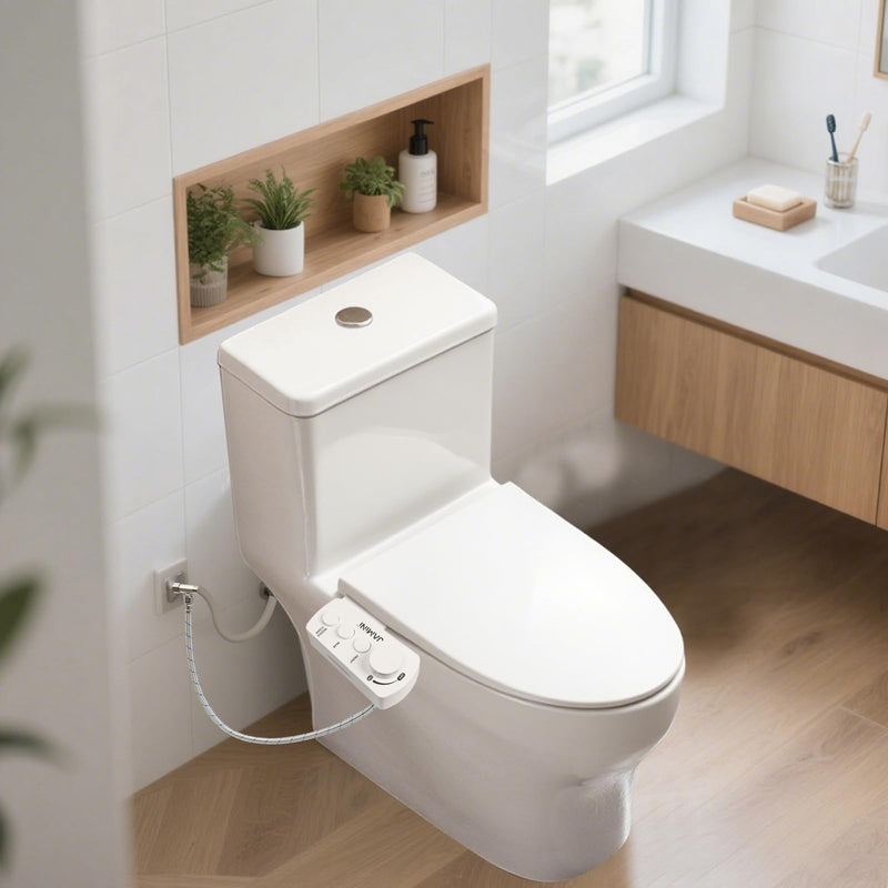 Jamini Ultra-Slim Detachable Bidet Attachment for Toilet – Non-Electric Cold Water, Self-Retraction Dual Nozzles, Step-less Pressure Dial, Dedicated Cleaning Mode, CA65 Certified Signature Dial – Top