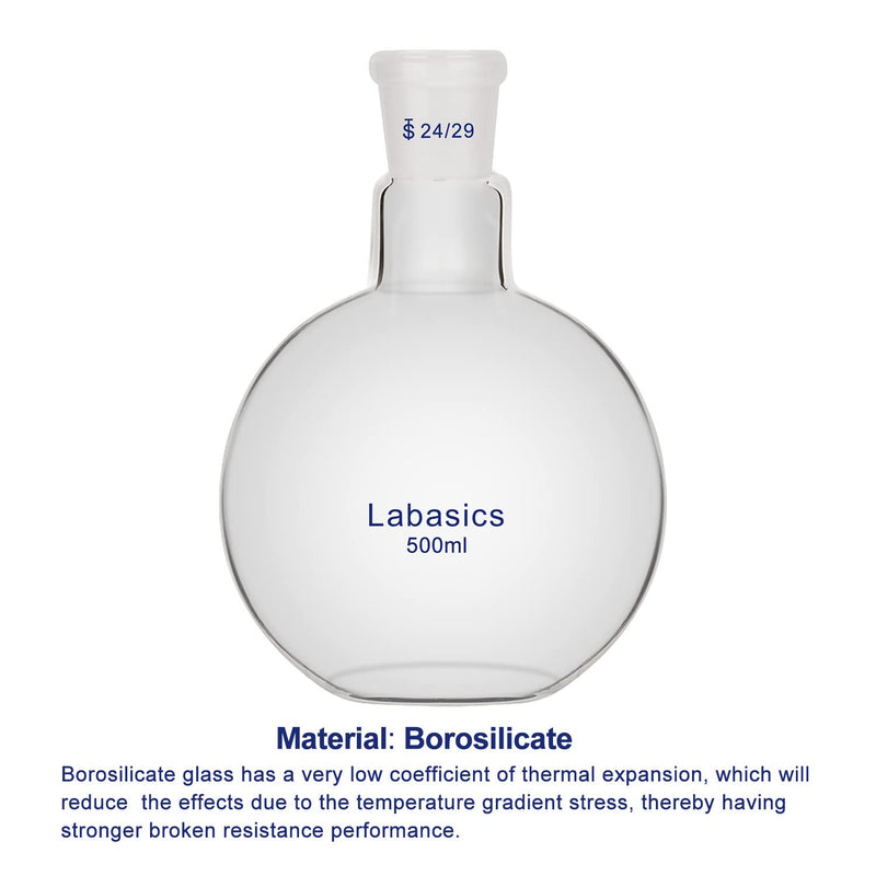 Labasics Single Neck Flat Bottom Boiling Flask, Borosilicate Glass Flat Bottom Boiling Flask with 24/29 Standard Joint, 500 ml