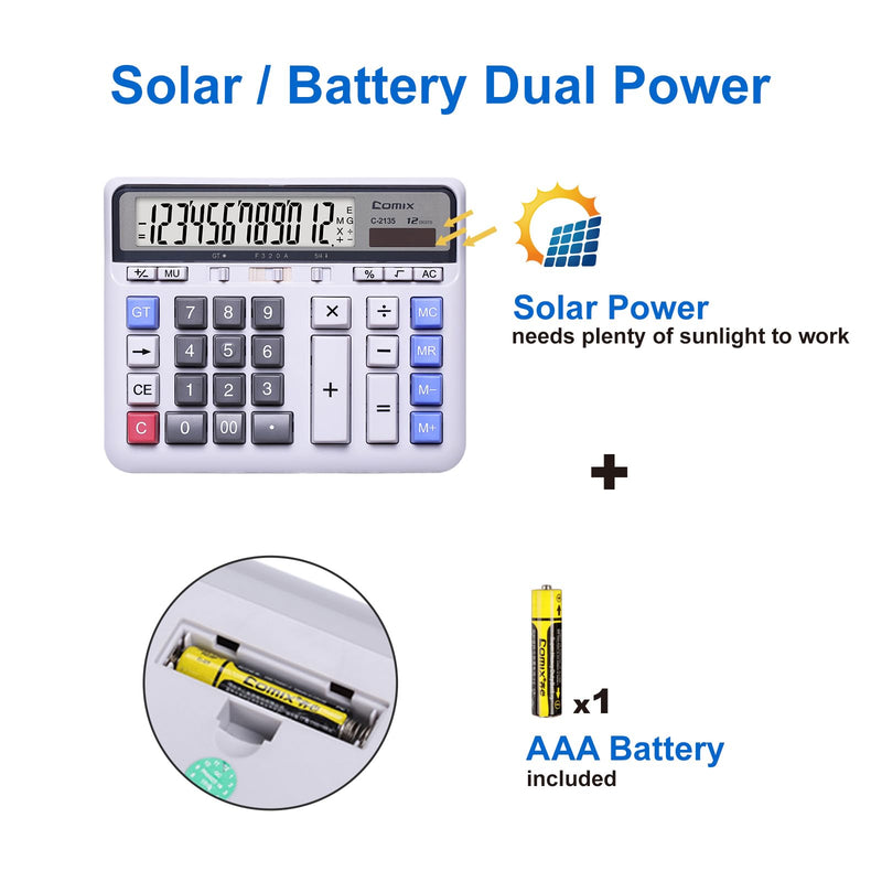 Comix Desktop Calculator Solar Battery Dual Power with 12-Digit Large LCD Display and Large Computer Keys Standard Function Calculator for Home Office School, White(2 Pack) White 2Pack