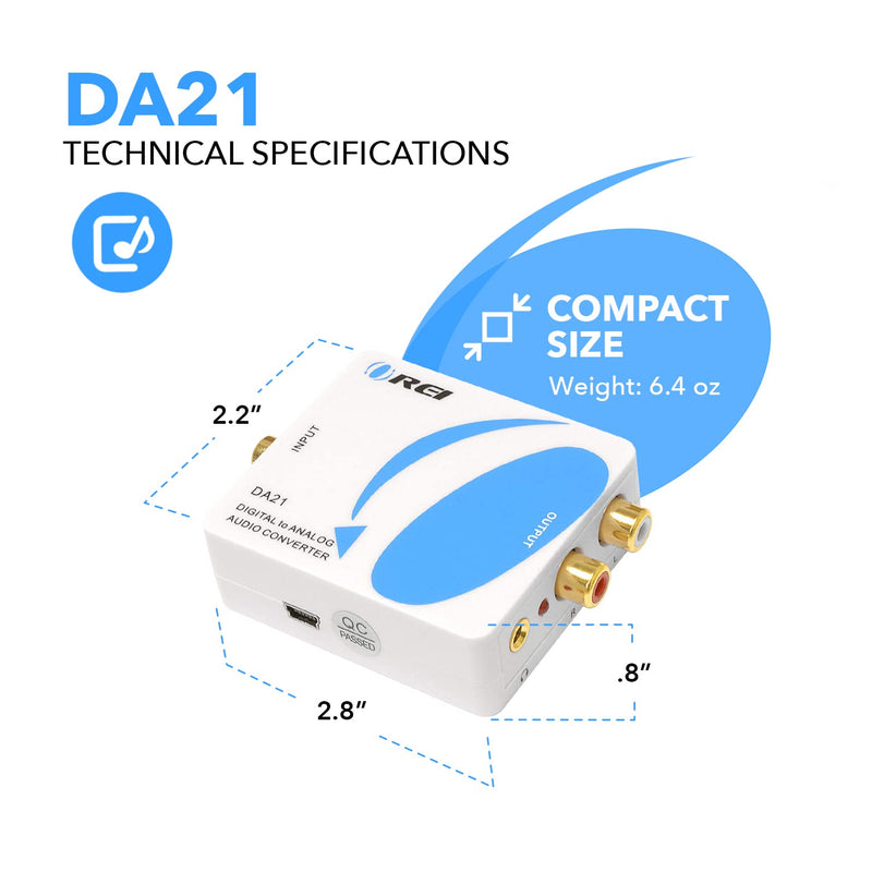 OREI Optical SPDIF/Coaxial Digital to RCA L/R Analog Audio Converter with 3.5mm Jack Support & Headphone/Speaker Outputs (DA21)