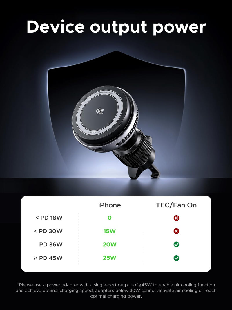 UGREEN Qi2.2 25W Wireless Car Charger Mount with Silent Cooling Fan (TEC) | Air Vent Clip and Fast Power, LED Lights, 360°Adjustable Car Phone Holder for iPhone 17-12 Series, 5FT Cable, No Adapter