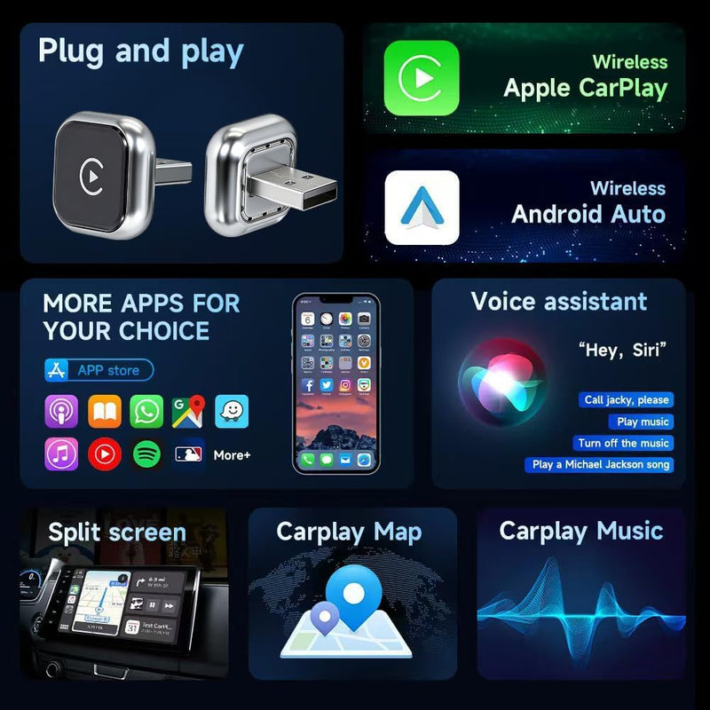1 PCS 2-in-1 Wireless CarPlay Adapter,Plug and Play Low Latency CarPlay Dongle,Wired to Wireless Car Media Receiver for Cars(Silver)