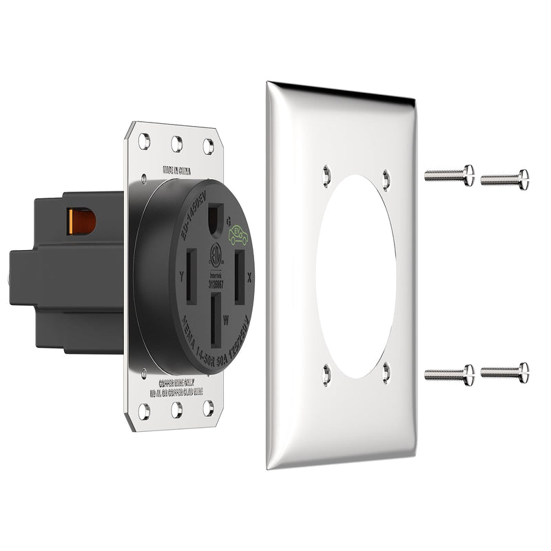 PLUGTUL NEMA 14-50R Outlet - 50AMP EV Charging Receptacle with Wall Plate, Straight Blade, Industrial Grade, 3-Pole 4-Wire, 50A 125/250V, 14-50R, ETL Listed