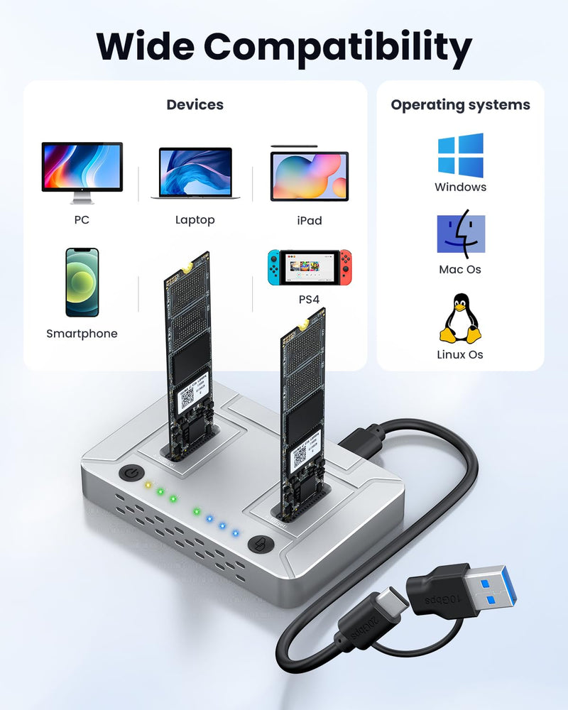M.2 NVMe SATA SSD Cloner : Coolpie CR220 Dual-Bay Offline Clone M.2 Duplicator, Tool-Free 20Gbps USB3.2 Gen2*2 M.2 Docking Station for SSDs 2230/2242/2260/2280/22110