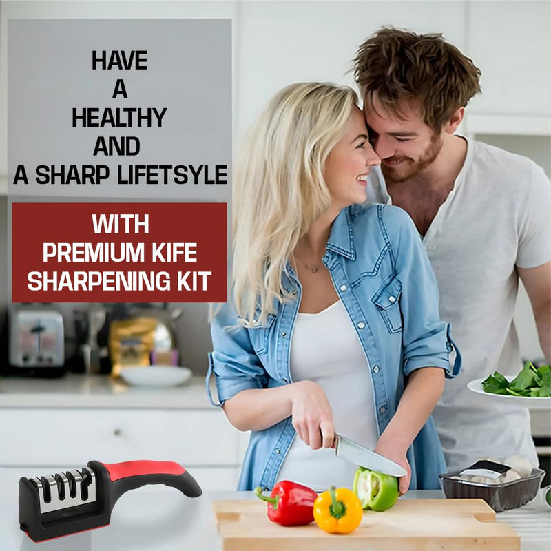 Premium 4-in-1 Knife Sharpening Kit, Kitchen knife sharpener with Anti-Cut Gloves and Extra Sharpening Blade, Red and Black, Professional Grade Kitchen Tool Set