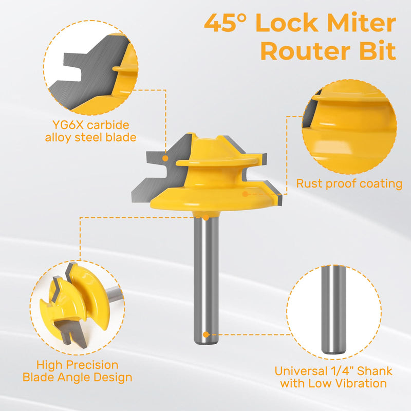 45 Degree Lock Miter Router Bit 3-Piece Set, for 1/2”, 5/8”, 3/4” Cutting Height.1/4 Inch Shank .Woodworking Tools Joint Router Bits Easy to Create Lock Miter Joint
