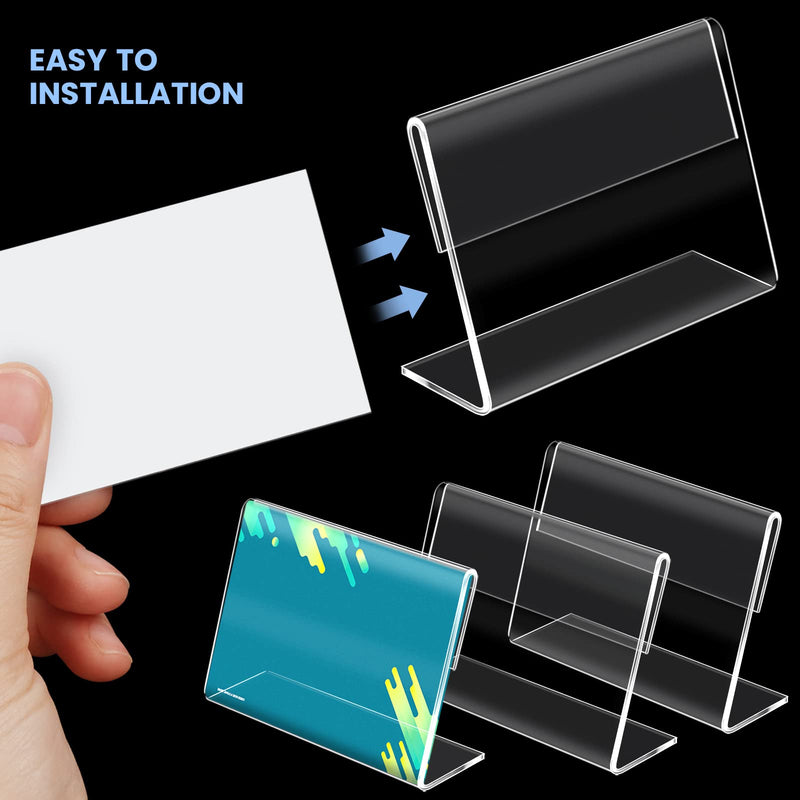 BILLIOTEAM 50pack Mini Clear Sign Display Holder with Blank Labels,3.2*2.2 Inch Horizontal Slanted L-Shape Plastic Name Card Price Card Tag Label Counter Top Stand 3.2*2.2 IN L