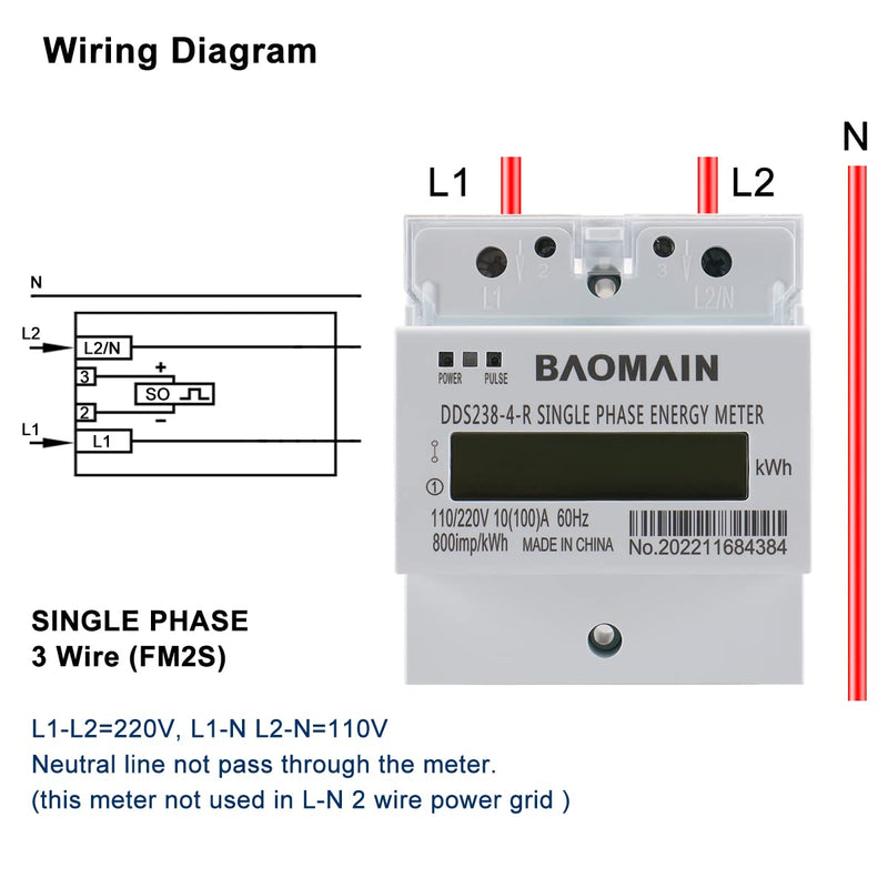 BAOMAIN Single-Phase 3-Wire DIN Rail kWh Meter,110V/220V AC Energy Monitor | DDS238-4-R Submeter Features 10A(100A), 60Hz Frequency & Lcd Display.Ideal For Precise Home Power Monitoring