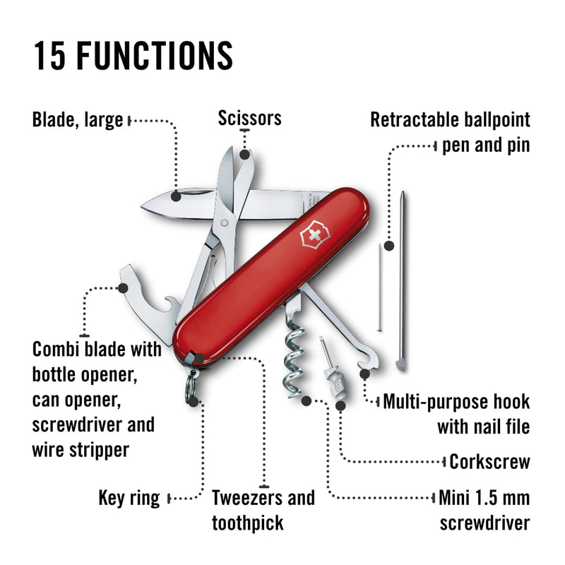 Victorinox Compact Swiss Army Knife, 15-Function Pocket Knife, Red | swiss army knife | medium swiss army knife | pocket knife for men | everyday carry