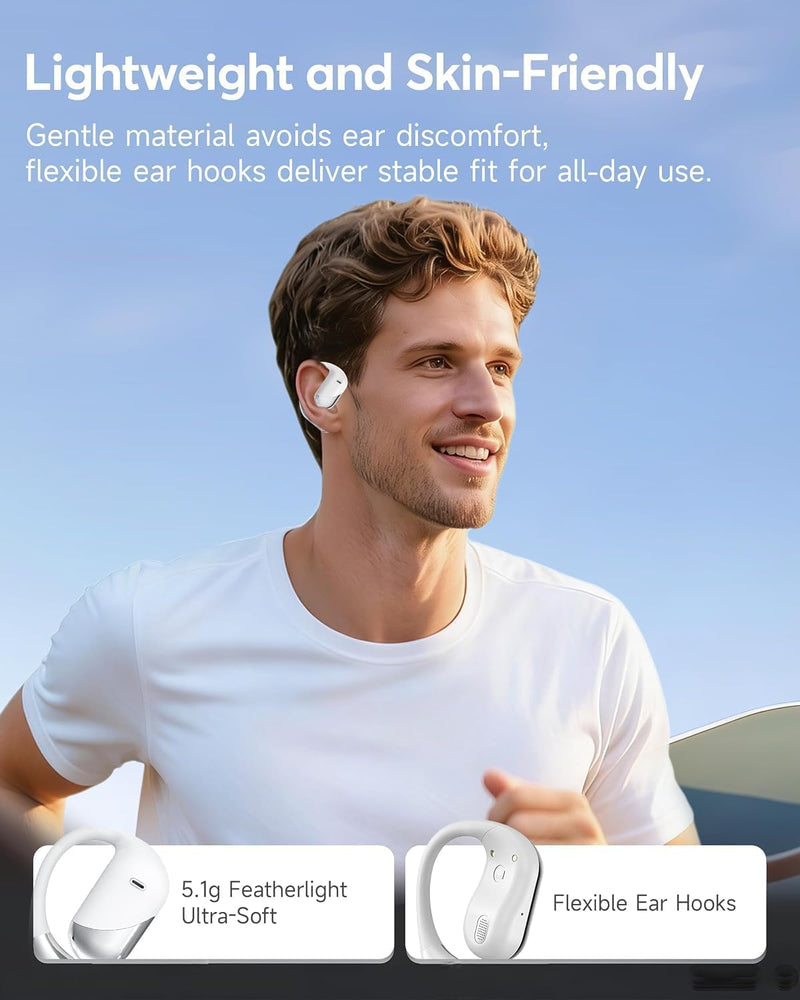 Ultra Open Ear Headphones, Over Ear Bluetooth Bone Conduction Earbuds | Bluetooth 6.1, LED Digital Display, 60H Playtime, IP55 Waterproof, Secure Earhooks for Running, Cycling & Workout Pearl white