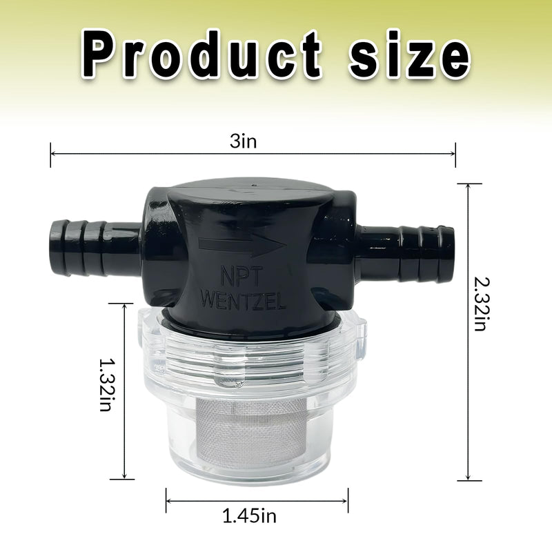 2 Pack Water Pump Strainer Filter, Twist-On Pipe Water Pump Strainer, 3/8 Inch NPSM Inlet/Outlet - RV Replacement- Compatible Black