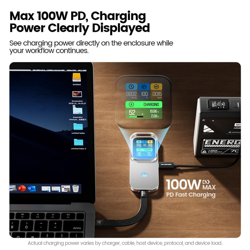 MOVE SPEED AC10 Smart Touchscreen SSD Enclosure, 10Gbps USB-C M.2 SSD Case with Real-Time Speed, Temperature, Charging Power Display, Touch Lock, 100W PD, Up to 8TB, Supports 2230/2242/2260/2280 SSD