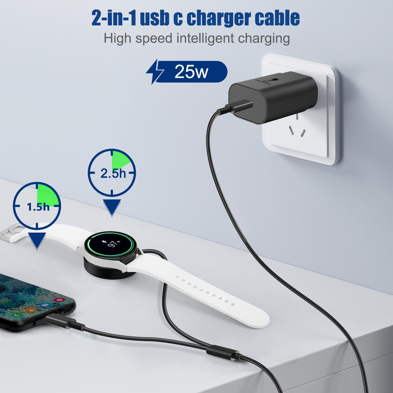 2 in1 Samsung Watch Charger,25W USB C Fast Charger Compatible with Galaxy Watch 6/6 Classic/5 Pro/5/4 /4 classic/3/Active2/1 and Galaxy S23 Ultra/S22/21/20 Note20/10 Z Fold 4(5ft)