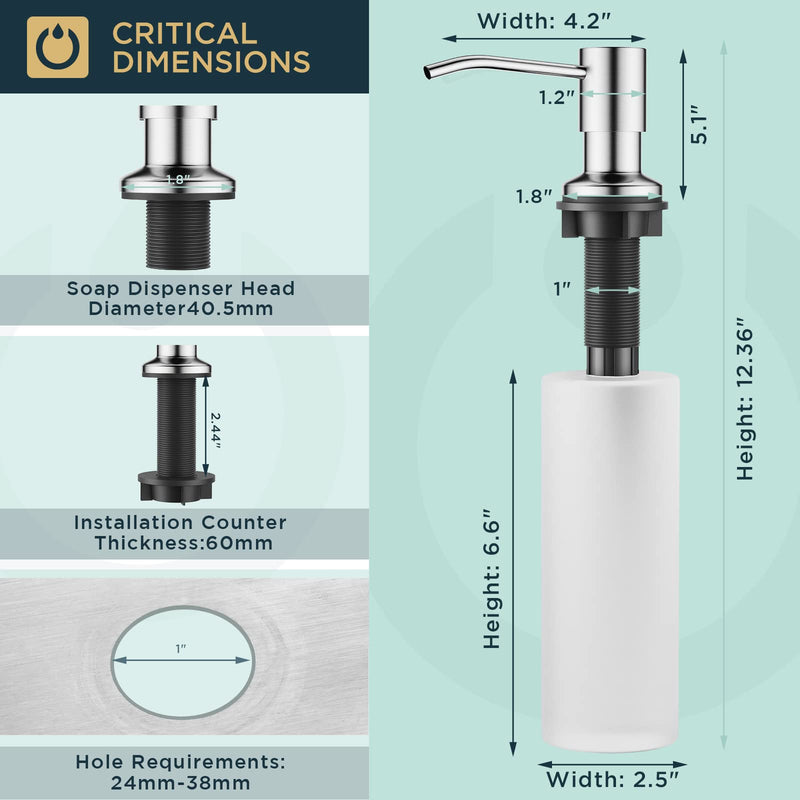 FORIOUS Brushed Nickel Soap Dispenser for Kitchen Sink with 500ML/18OZ Bottle, Lotion Dispenser Built in Refill from The Top for Countertop Sink Stainless Steel