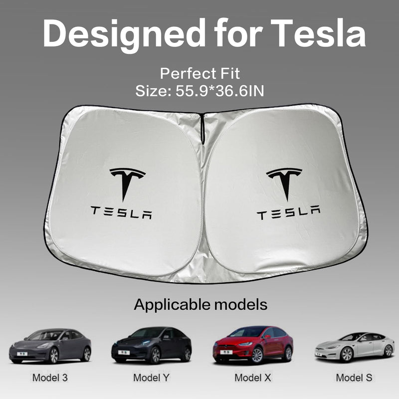300T Sunshade for Tesla Model Y Model 3, Car Accessories 2025 for Tesla, Front Window Sunshade with Organizer Bag, Gifts for Tesla Owners (Black) Black