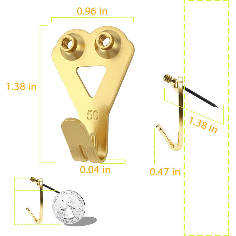 Picture Hangers Heavy Duty, Extra Thick, 50 lb, Decorative Hanging Hooks Hardware for Drywall and Plaster Walls with Large Nailers and Nails, Painting, 40pcs, Gold 50lb | 40