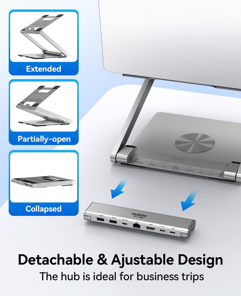 4URPC Laptop Docking Station Stand 4K@60Hz for MacBook Pro/Air M3/M4, Dell/HP/Surface/Lenovo/Chromebook, Laptop USB Hub Stand with HDMI, 3 USB, Ethernet, PD 3.0, Adjustable Dock with 360° Rotate Base