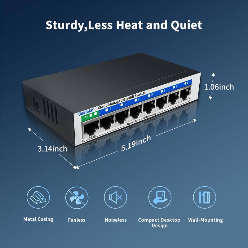 8 Port Gigabit Switch, Easy Smart Managed Ethernet Switch, Network Hub, Ethernet Splitter, Plug & Play, Fanless Metal Design, VLAN, Qos, Support PoE Powered, Desktop or Wall Mount 8 Gigabit Ports|Easy Managed