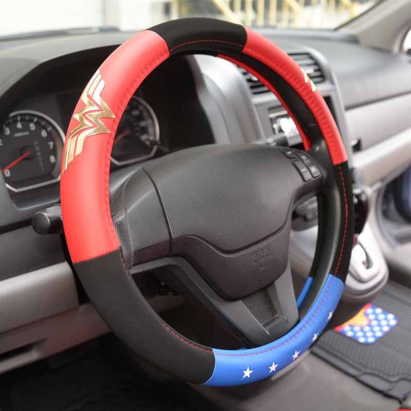 BDK Warner Bros DC Comics Wonder Woman Steering Wheel Cover - Car Accessories for Women, Superhero Heroine Gift Ideas, Original Red White Blue WonderWoman Logo, Universal Standard Fit 14.5-15.5 Inches Wonder Woman - Three tone