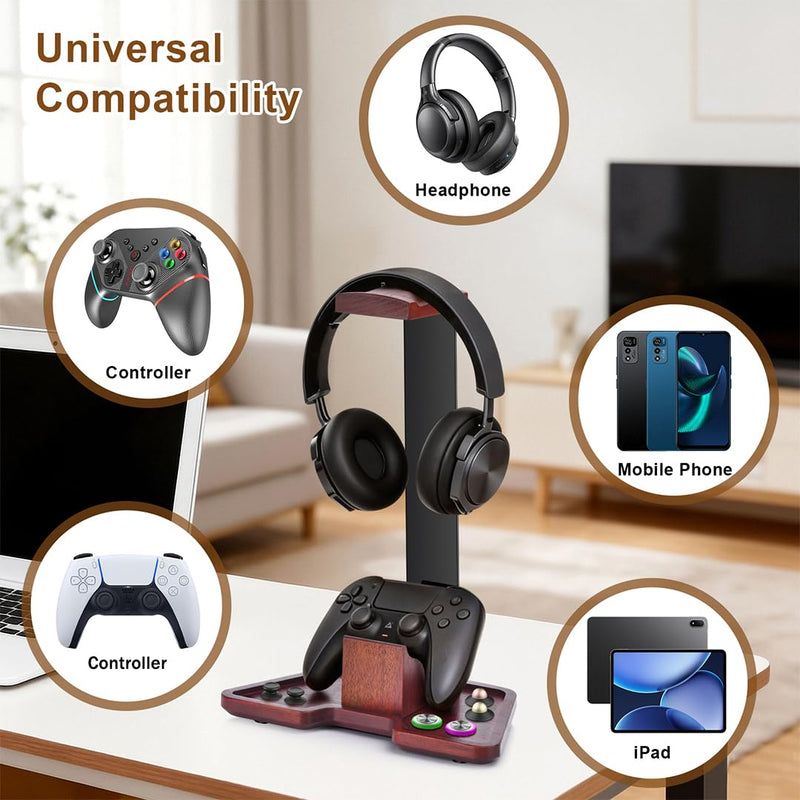 Headphone Holder Stand for Desk, Wood and Metal Headset Hanger Mount Hook Gaming Holder Desktop Earphone Artful Functional Craftsmanship Stand for All Headsets with Solid Wooden Base 2 in 1