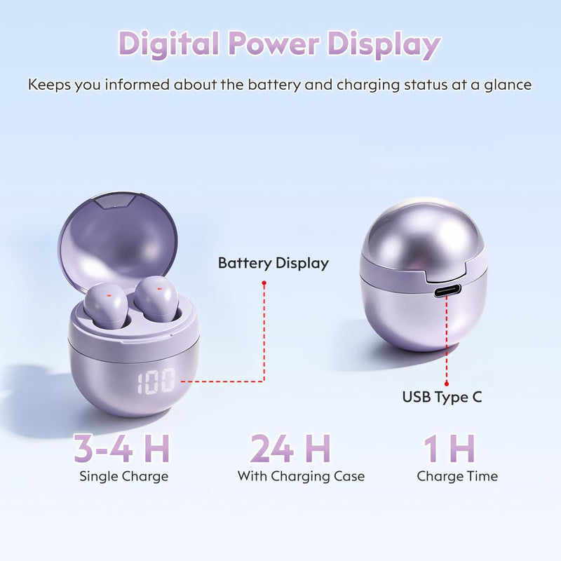 Mini Sleep Earbuds Bluetooth 6.0 Invisible Small Ear Buds for Side Sleepers | Cute Purple Design, Ultra Light 0.08oz, No Low Battery Beeps, Comfort Small Fit Wireless Sleep Headphones for Small Ears Work