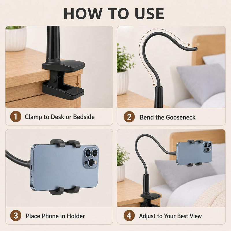 Flexible Phone Holder for Bed, Clip Gooseneck Phone Holder for Desk, 360 Degree Rotation Cellphone Stand, Universal Bracket, Tablet Stand Holder, Black