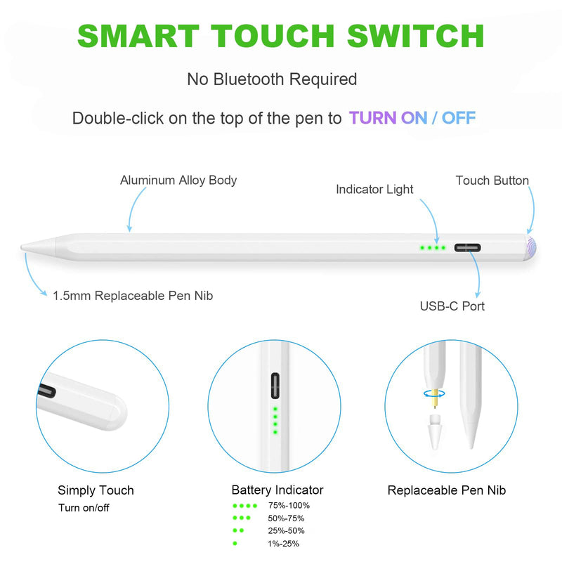 Stylus Pen for iPad 2018-2023 with Palm Rejection, Magnetic Stylus Pen, Active Pencil for iPad 10/9/8/7/6 Generation, iPad Pro 11/12.9 inch, iPad Air 5/4/3 Gen, iPad Mini 6/5 Gen (White) White