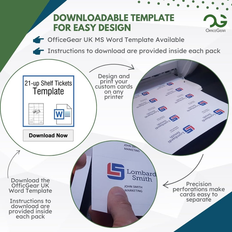 OfficeGear Shelf Edge Barcode Price Ticket Labels 21-up [25 Sheets - 525 Pack] 38x70mm Custom Printable A4 120gsm Card Micro-Perforated Non-Adhesive Merchandise Tag Includes Design Template