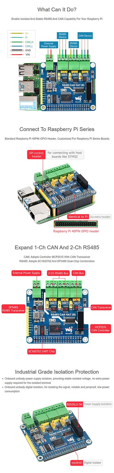 for Raspberry Pi RS485 CAN HAT (B) Isolated 2-Ch RS485 1-Ch CAN SPI Communication On-Board SC16IS752 and SP3485 Chips with MCP2515 Controller CAN Transceiver Multiple Protections