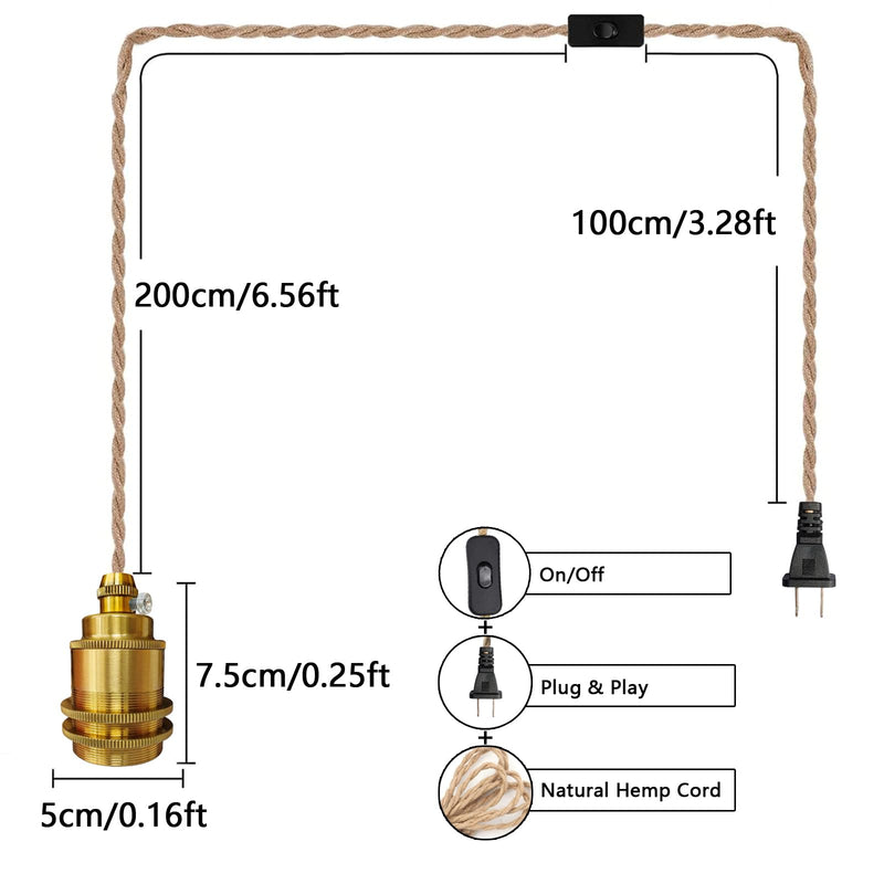 2 Pack Gold Pendant Light Cable DIY Kit, Industrial Vintage Plug in E26 Socket Hanging Lamp, Hemp Rope Hanging Lighting with Switch for Bedroom Hallway Kitchen Living Room Farmhouse(Bulb Not Included) Gold-3M-2PC