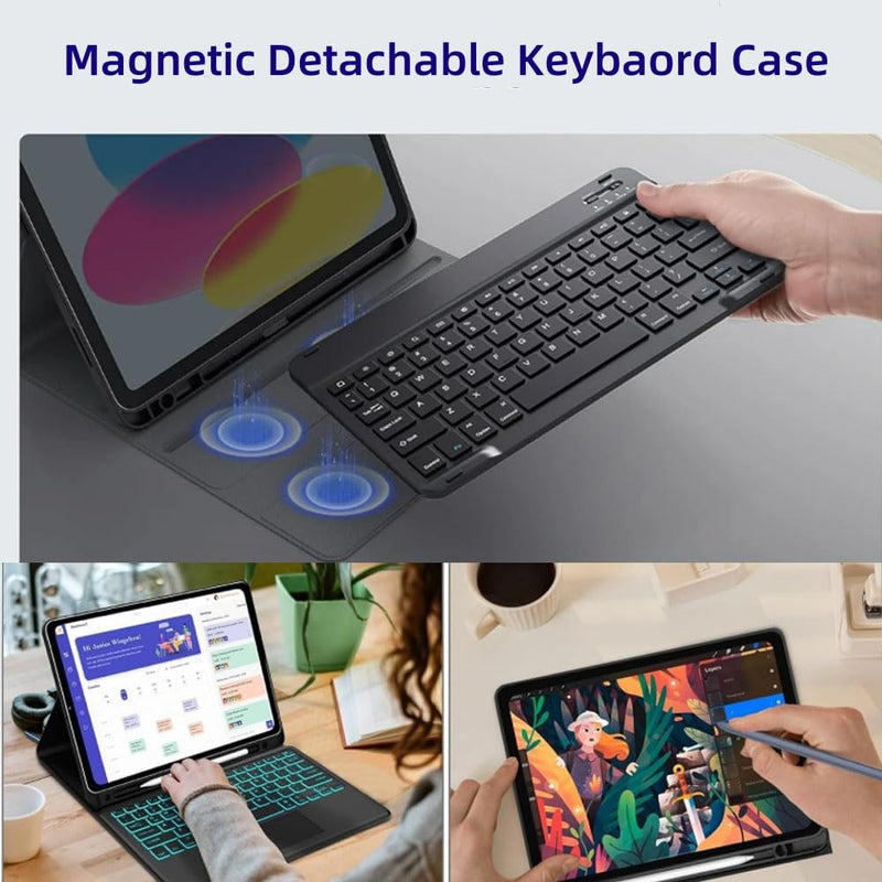 Bluetooth Keyboard Case for Samsung Galaxy Tab A11/ Tab A9 8.7-Inch 2025/2023, 7 Colors Backlit Slim Folio Cover, Detachable Wireless Bluetooth Keyboard with Pencil Holder (Black) Black