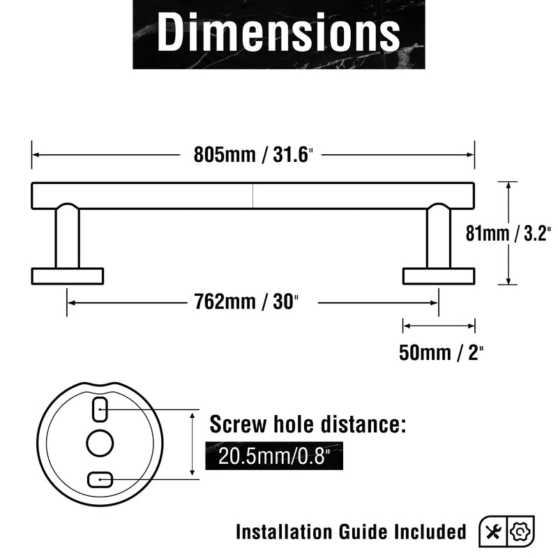 HITSLAM Brushed Nickel 30 Inch Towel Bar for Bathroom, SUS304 Stainless Steel Bathroom Towel Rack Wall Mounted, Modern Home Decor Bath Towel Holder with Hardware Accessories (Total Length 31.6 Inch) 30 Inch (Total Length 31.6 Inch)