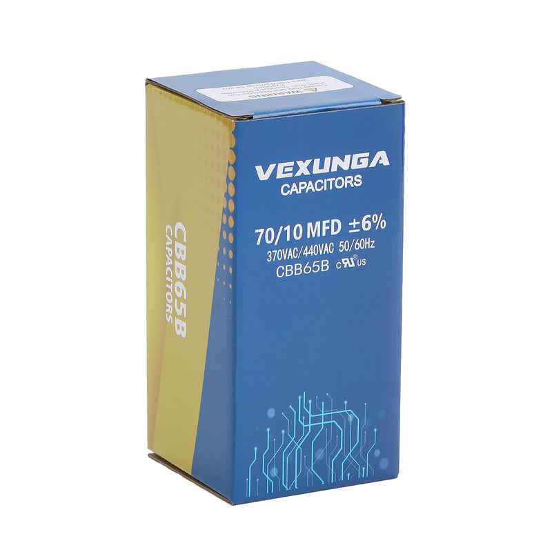 VEXUNGA 70/10 uF 70+10 MFD 370VAC or 440VAC Dual Run Start Round A/C Capacitor CBB65 CBB65B Air Conditioner Capacitors for AC Unit Fan Motor Start or Heat Pump or Condenser Straight Cool [V05] 70+10 uF Round