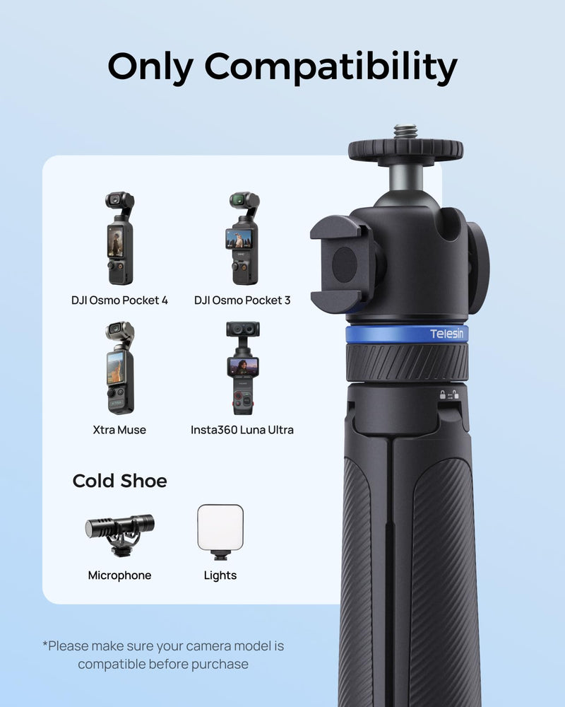 TELESIN 0.1s Auto Open Mini Selfie Stick Tripod for DJI Osmo Pocket 3 4 | 65 cm/25.5in Tripod Compatible with Insta360 Luna Ultra Xtra Muse Action Camera Accessories, Cold Shoe Mount, 360° Ball Head 65cm Selfie Stick Tripods (1/4" Bolt Adapter)