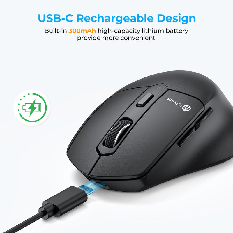 iClever Bluetooth Mouse, MD360 Wireless Ergonomic Mouse with Mouse Jiggle, Rechargeable Computer Mouse for Multi Devices(BT+2.4Ghz Connection), 4 Adjustable DPI for Laptop, iPad, Mac, PC