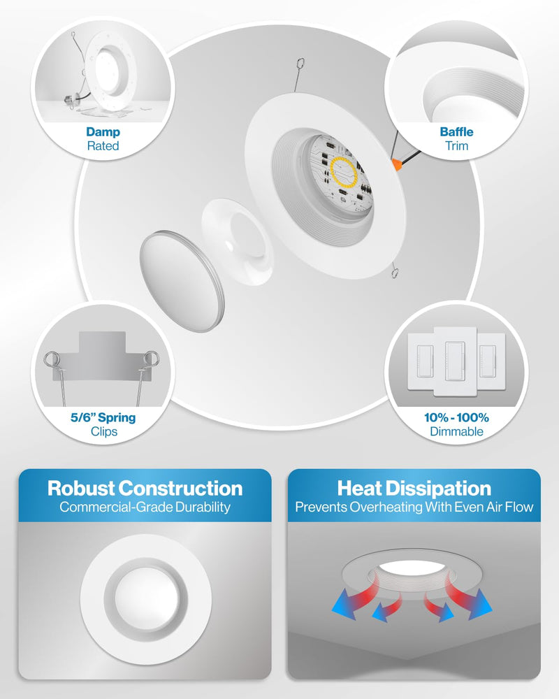 Sunco 6 Inch LED Recessed Light, Retrofit Downlight Can Lights for Ceiling, Baffle Trim, 1050 LM, 13W (75W Equivalent), 5000K Daylight, Dimmable, Damp Rated UL 4 Pack