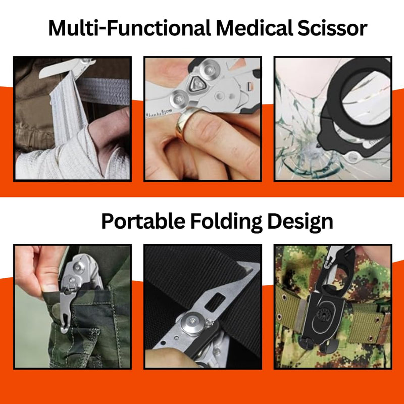 Pack 2 | 6 in 1 Multifunctional Trauma Shears Foldable with Strap Cutter | Heavy Duty Stainless Steel Emergency Response Shears | Survival Shears With Holster | Medical Trauma shears Tactical | Black