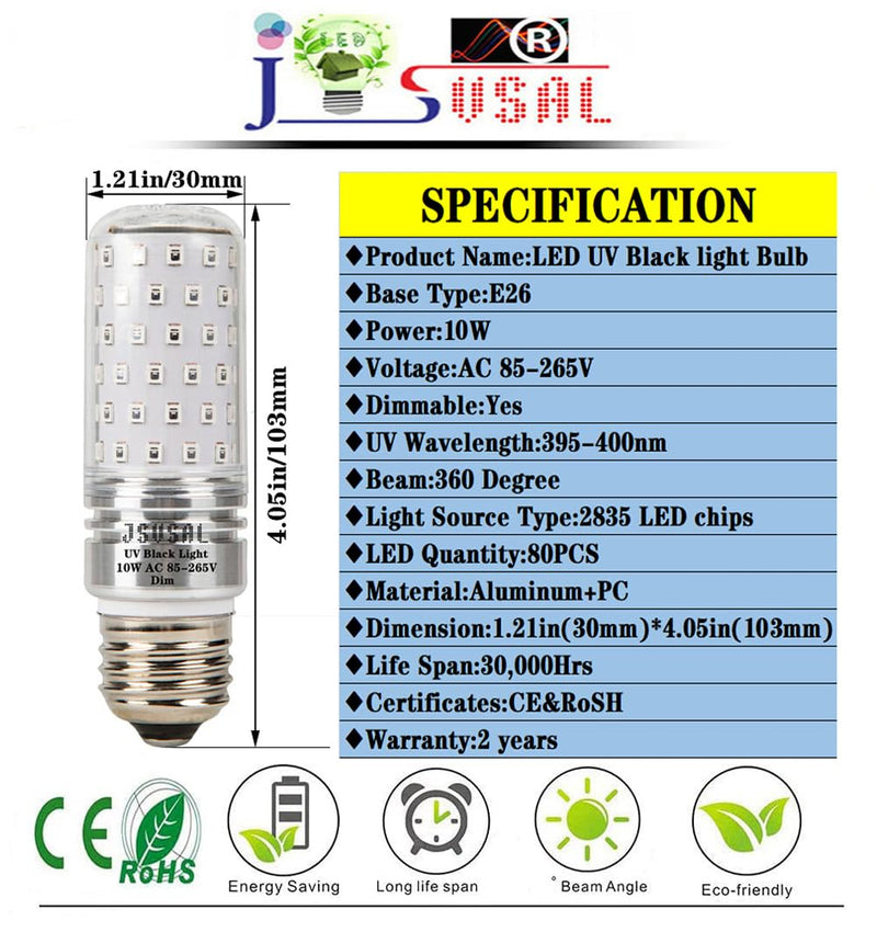 LED Black Light Bulb, AC 85-265V E26 Medium Base,Dimmable,2-Pack | 10W,Wavelength 395-400nm,Glow in The Dark for Body Art Paint, Fluorescent Poster, Neon Glow Party,Holiday Decorations 2