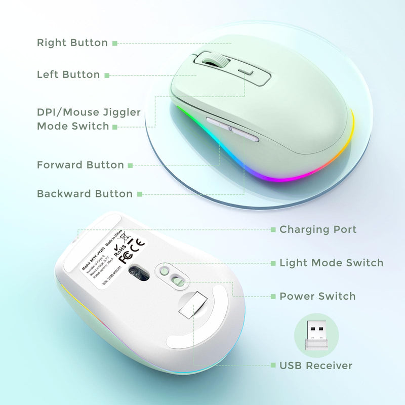 PEIOUS Wireless Mouse Jiggler - LED Wireless Mice with Build-in Mouse Mover, Rechargeable Moving Mouse for Laptop with Undetectable Random Movement Keeps Computers Awake-Light Green Light Green