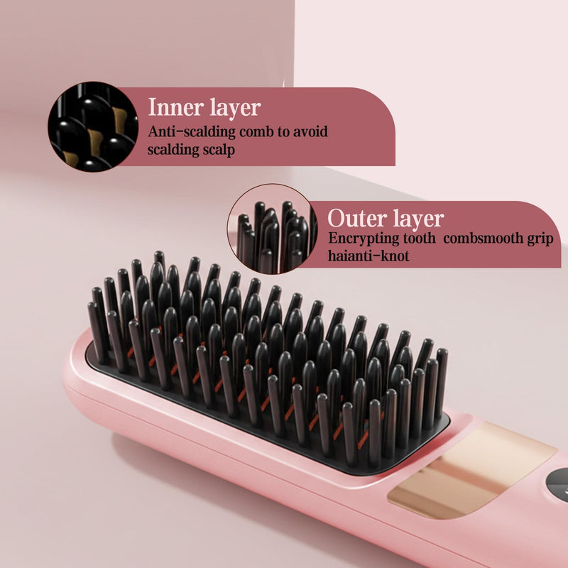  [AUSTRALIA] - Go Brush Pro UK Cordless Hair Straightener Brush, Pink | Rechargeable Ceramic Styling / 4 Heat Modes / LED Display / Portable for Travel & Daily Touch-Ups