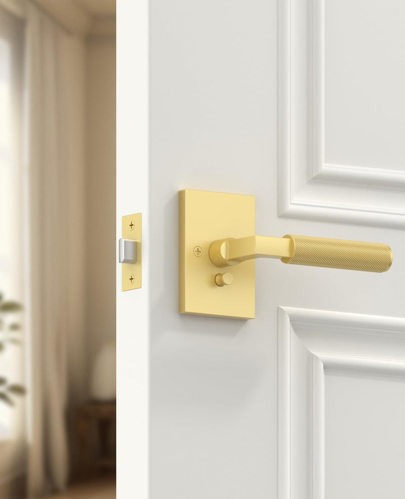 Amerdeco 1 Pack Brushed Gold Privacy Door Handles, Brush Brass Door Handles Interior,Knurled Gold Door Lever, Heavy Duty Bedroom and Bathroom with Lock,Reversible Keyless for Right & Left Side AM0032