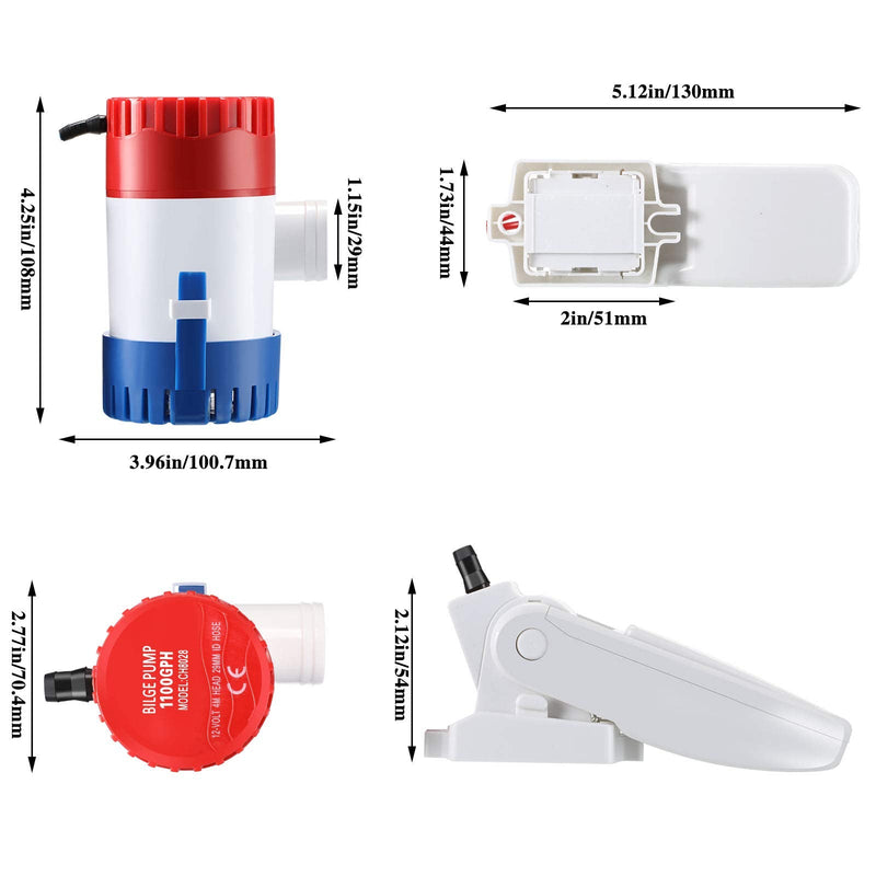 Boat Bilge Water Pump 12 V 1100 GPH Electric Marine Bilge Pump and Automatic Boat Pump Float Switch 12 V 24 V 32 V for Boats, 2 Pieces in Total