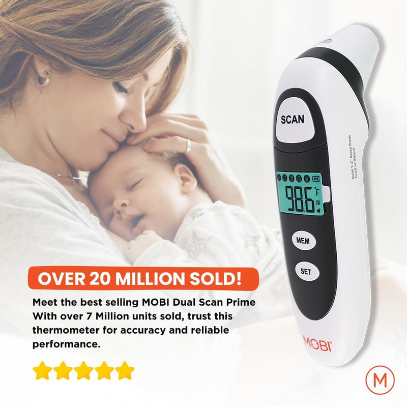 MOBI DualScan Prime Ear & Forehead Thermometer for Baby, Kids & Adults, Digital Infrared, Food & Bottle & Room Mode, 1‑Second Reading, Memory Recall