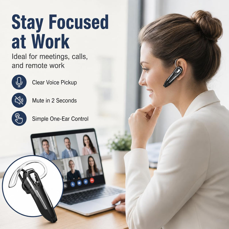 Sliver Bluetooth Earpiece with Mic, Mono Wireless Headset, 30H Call Time, Dual MEMS Mics, Mute Button, USB-C Charging, Voice Assistant, for Office Driving Cell Phones