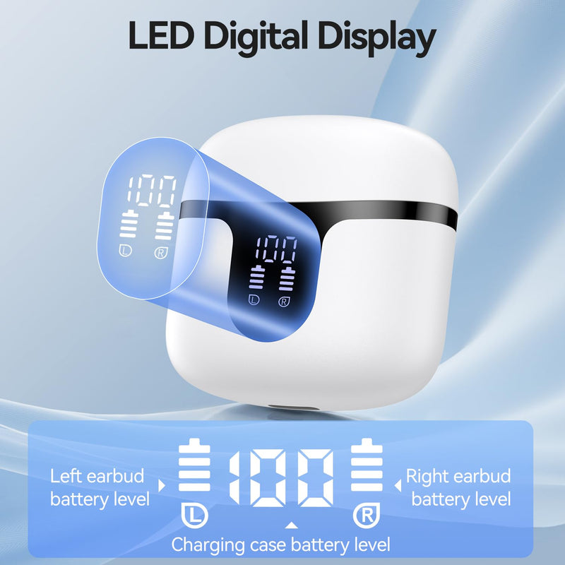 Wireless Earbuds, Bluetooth 5.4 Headphones HiFi Stereo with 4 HD Mic, 50H Playtime Bluetooth Earbuds with Dual LED Display, IPX7 Waterproof Wireless Earphones, Touch Control Ear Buds,USB-C,White White